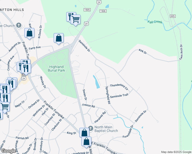 map of restaurants, bars, coffee shops, grocery stores, and more near Cherokee Court in Danville