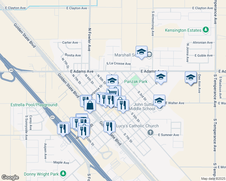 map of restaurants, bars, coffee shops, grocery stores, and more near 306 East Tuolumne Street in Fowler