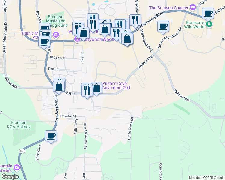 map of restaurants, bars, coffee shops, grocery stores, and more near 2805 Green Mountain Drive in Branson