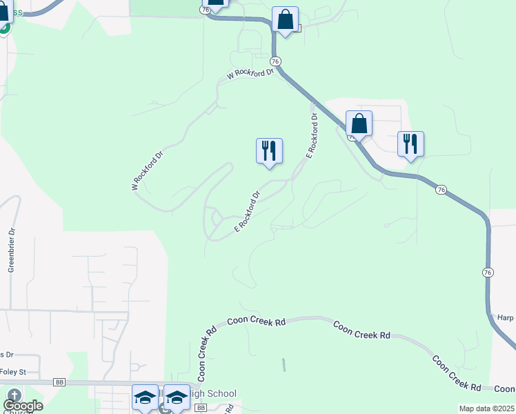 map of restaurants, bars, coffee shops, grocery stores, and more near 575 Valley View in Branson
