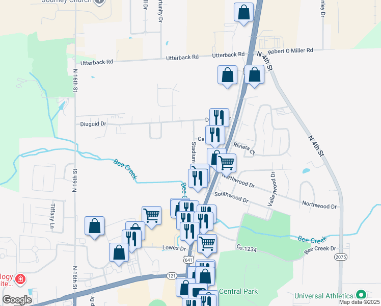 map of restaurants, bars, coffee shops, grocery stores, and more near 1406 Stadium View Drive in Murray