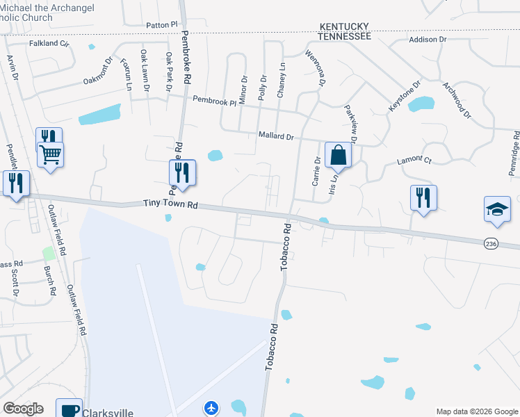 map of restaurants, bars, coffee shops, grocery stores, and more near 3312 Royster Lane in Clarksville