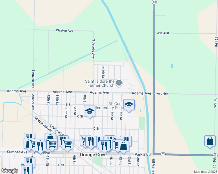 map of restaurants, bars, coffee shops, grocery stores, and more near 435 Gutierrez Street in Orange Cove