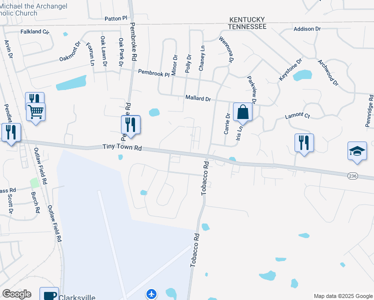 map of restaurants, bars, coffee shops, grocery stores, and more near 3300 Royster Lane in Clarksville
