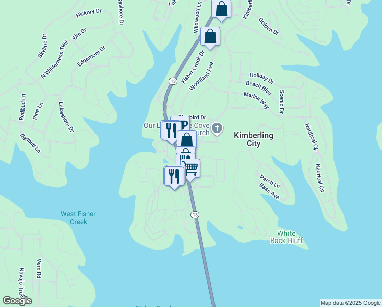 map of restaurants, bars, coffee shops, grocery stores, and more near 27 Kimberling Boulevard in Kimberling City