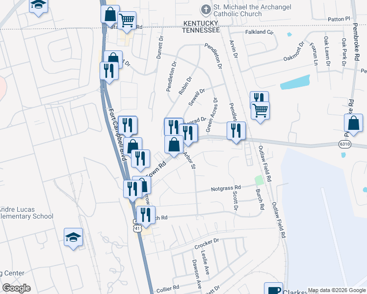 map of restaurants, bars, coffee shops, grocery stores, and more near 290 Tiny Town Road in Clarksville