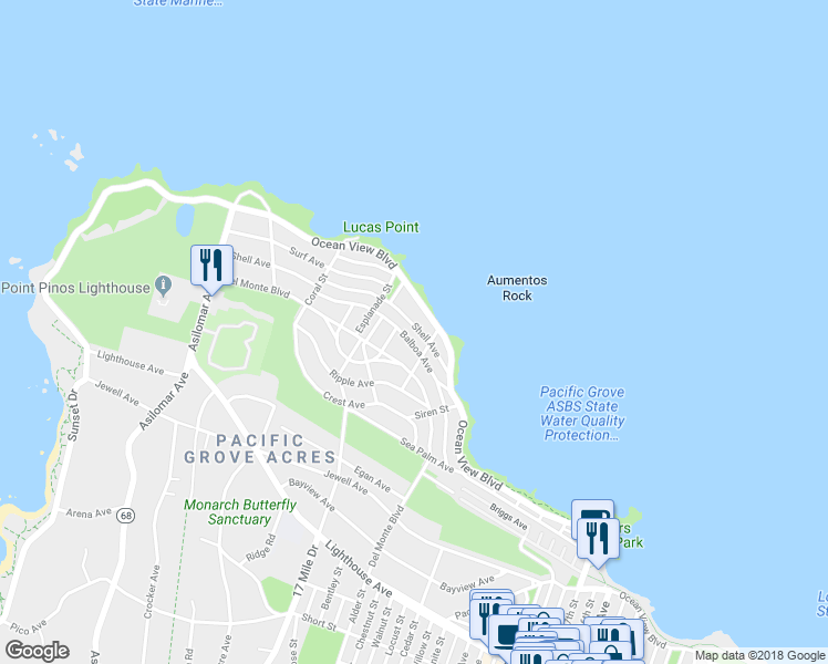 map of restaurants, bars, coffee shops, grocery stores, and more near 1015 Shell Avenue in Pacific Grove