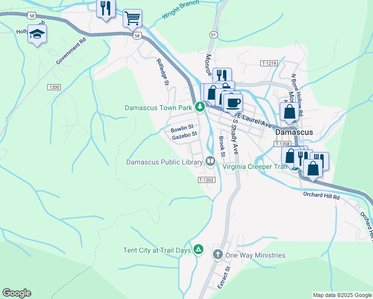 map of restaurants, bars, coffee shops, grocery stores, and more near 615 Appalachian Trail Drive in Damascus