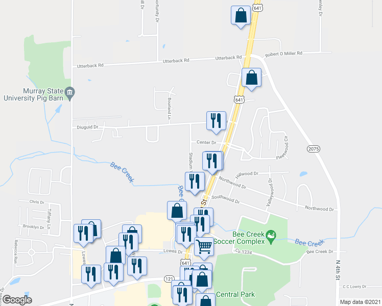 map of restaurants, bars, coffee shops, grocery stores, and more near 1406 Stadium View Drive in Murray