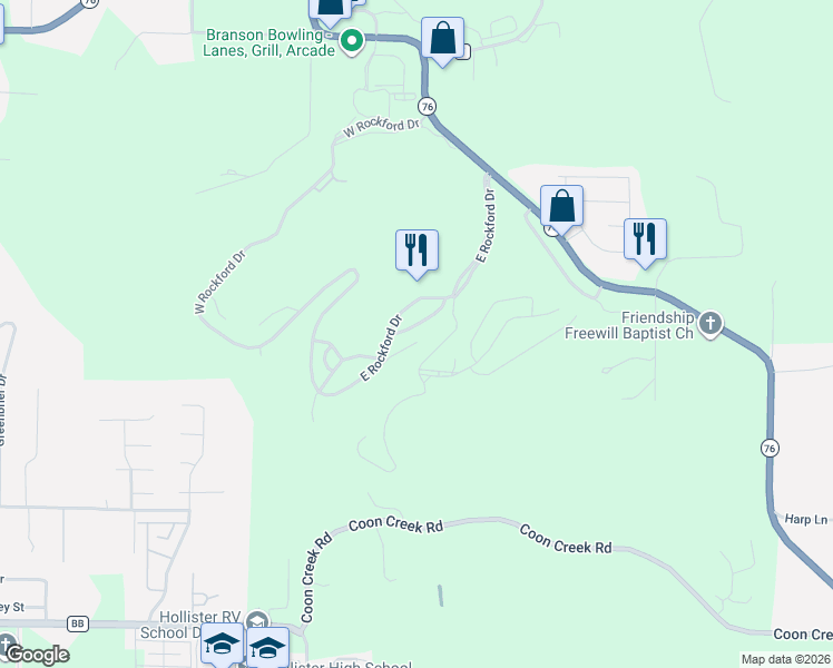 map of restaurants, bars, coffee shops, grocery stores, and more near 525 Valley View in Branson