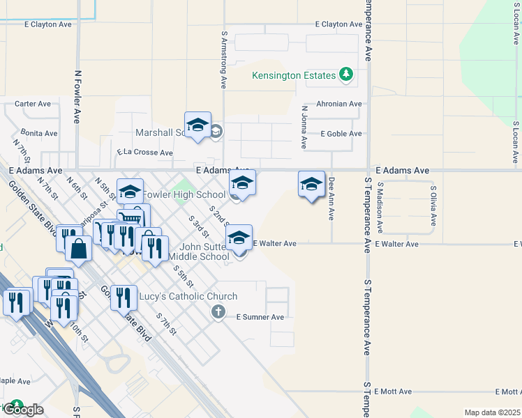 map of restaurants, bars, coffee shops, grocery stores, and more near 701 East Main Street in Fowler