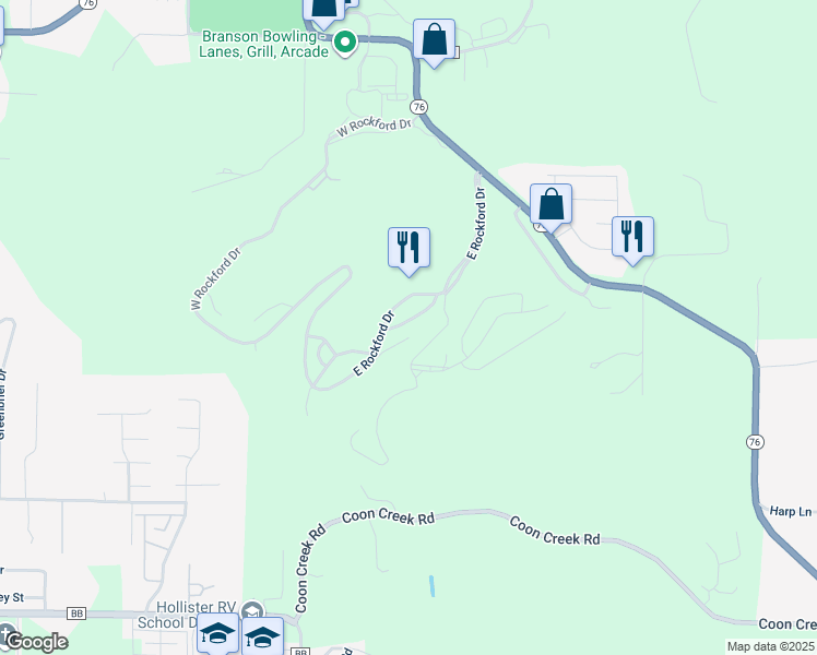 map of restaurants, bars, coffee shops, grocery stores, and more near 525 Valley View in Branson