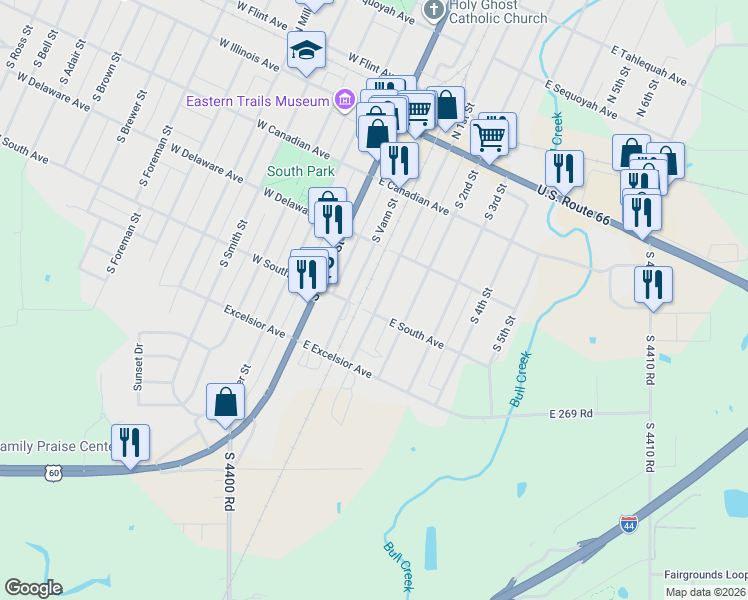 map of restaurants, bars, coffee shops, grocery stores, and more near 338 South Vann Street in Big Cabin