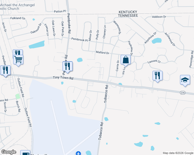 map of restaurants, bars, coffee shops, grocery stores, and more near 3306 Royster Lane in Clarksville