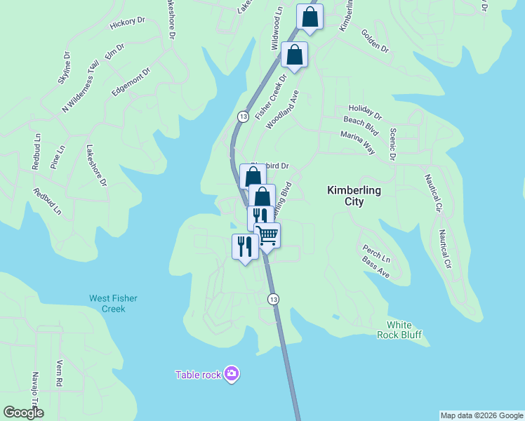 map of restaurants, bars, coffee shops, grocery stores, and more near C Street in Kimberling City