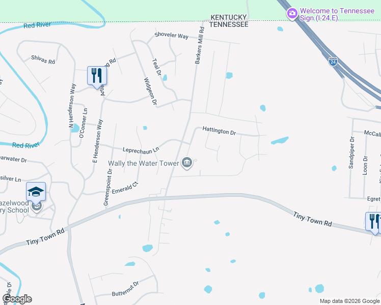 map of restaurants, bars, coffee shops, grocery stores, and more near 3430 Old Timber Road in Clarksville