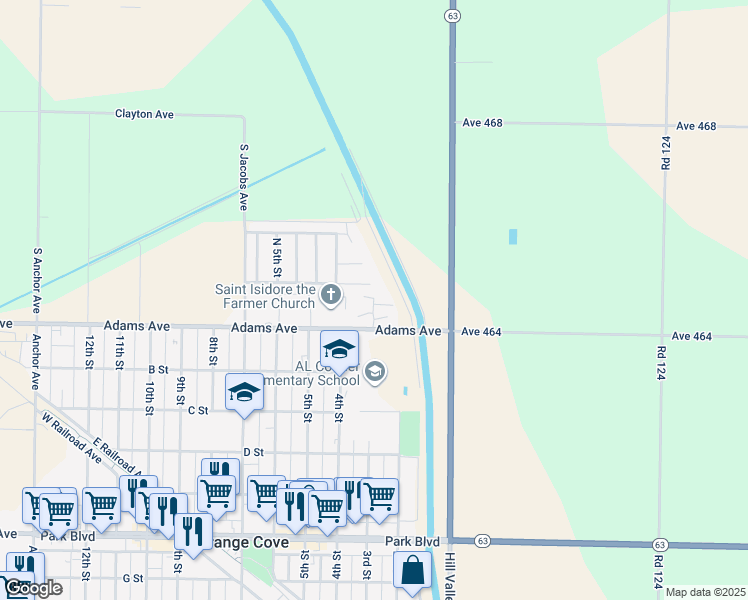 map of restaurants, bars, coffee shops, grocery stores, and more near 201 Citrus Avenue in Orange Cove