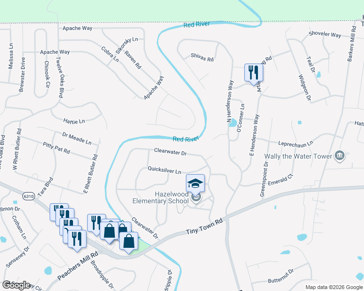 map of restaurants, bars, coffee shops, grocery stores, and more near 3518 Clearwater Drive in Clarksville