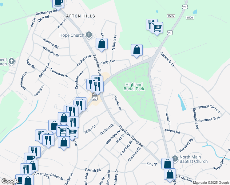 map of restaurants, bars, coffee shops, grocery stores, and more near 140 Wesley Drive in Danville