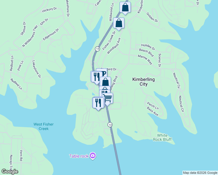 map of restaurants, bars, coffee shops, grocery stores, and more near 27-35 Kimberling Boulevard in Kimberling City