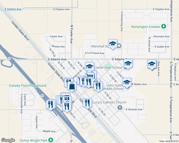map of restaurants, bars, coffee shops, grocery stores, and more near 306 East Tuolumne Street in Fowler