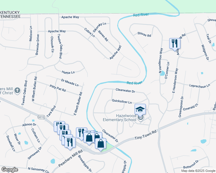 map of restaurants, bars, coffee shops, grocery stores, and more near 3428 Clearwater Drive in Clarksville