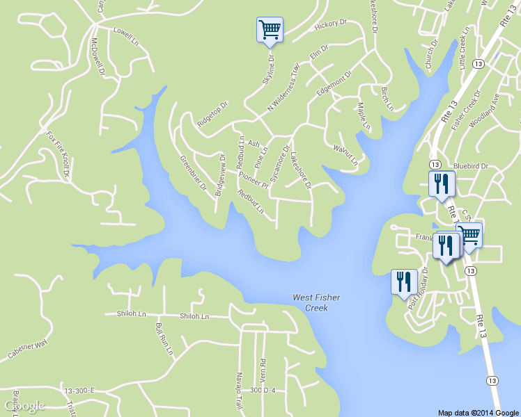 map of restaurants, bars, coffee shops, grocery stores, and more near 27 Redbud Lane in Kimberling City
