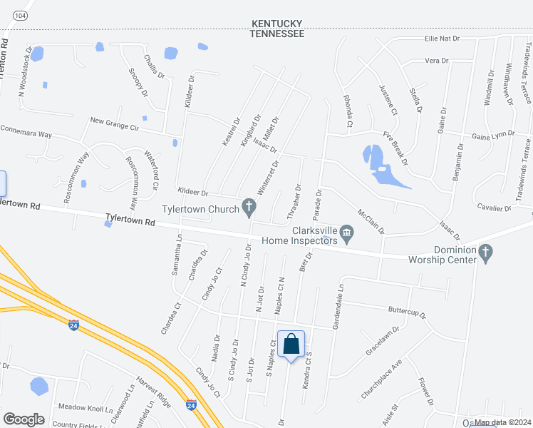 map of restaurants, bars, coffee shops, grocery stores, and more near 904 Tanager Court in Clarksville