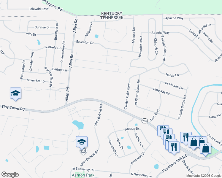 map of restaurants, bars, coffee shops, grocery stores, and more near 1205 Tiny Town Road in Clarksville