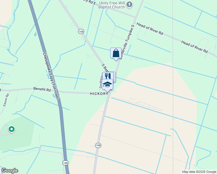 map of restaurants, bars, coffee shops, grocery stores, and more near 2620 Battlefield Boulevard South in Chesapeake
