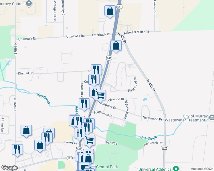 map of restaurants, bars, coffee shops, grocery stores, and more near 154 Riviera Court in Murray