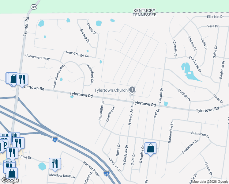 map of restaurants, bars, coffee shops, grocery stores, and more near 332 Fallow Drive in Clarksville
