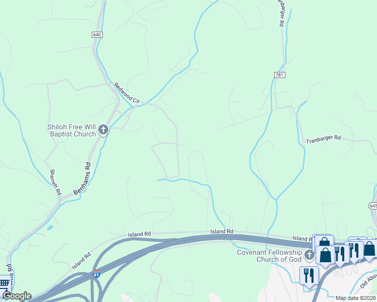map of restaurants, bars, coffee shops, grocery stores, and more near 22267 Willow Creek Circle in Bristol