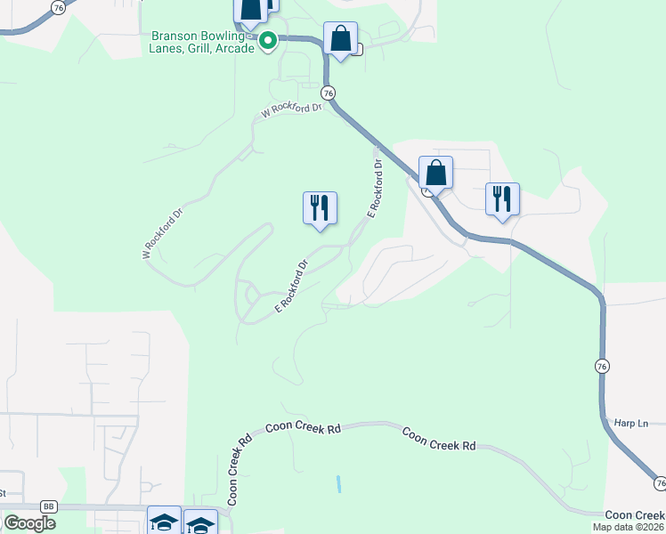 map of restaurants, bars, coffee shops, grocery stores, and more near 525 Valley View in Branson
