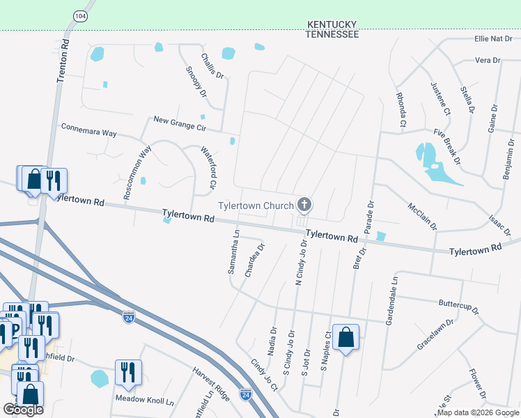 map of restaurants, bars, coffee shops, grocery stores, and more near 332 Fallow Drive in Clarksville