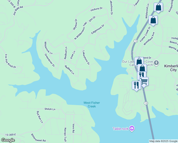 map of restaurants, bars, coffee shops, grocery stores, and more near 270 Lakeshore Drive in Kimberling City