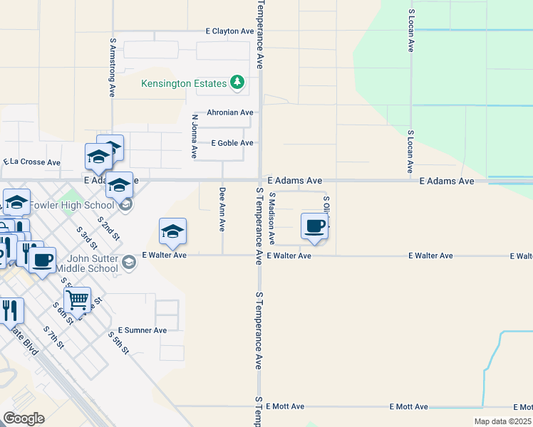 map of restaurants, bars, coffee shops, grocery stores, and more near 218 South Madison Avenue in Fowler