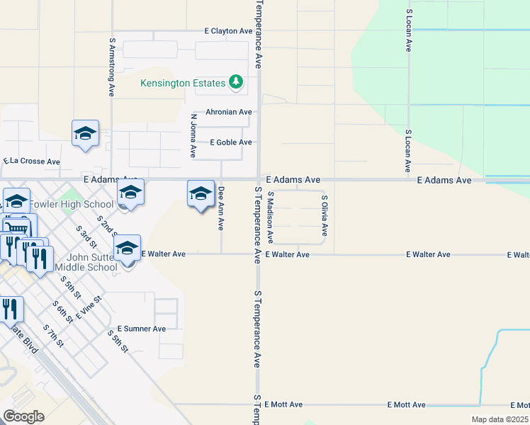 map of restaurants, bars, coffee shops, grocery stores, and more near 218 South Madison Avenue in Fowler