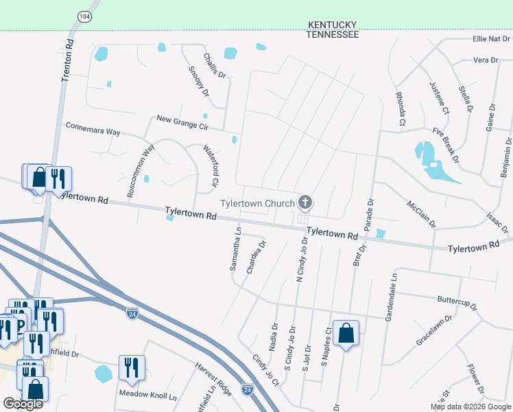 map of restaurants, bars, coffee shops, grocery stores, and more near 332 Fallow Drive in Clarksville