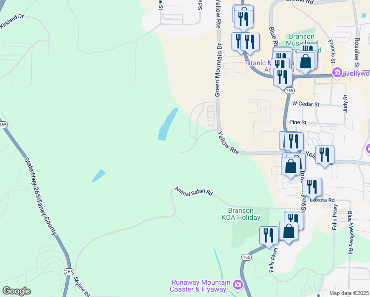 map of restaurants, bars, coffee shops, grocery stores, and more near 164 Preserve Drive in Branson