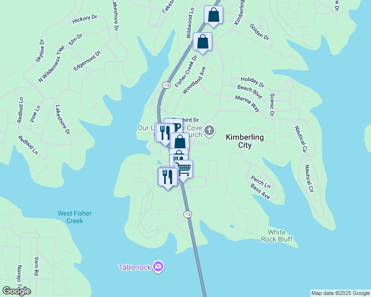 map of restaurants, bars, coffee shops, grocery stores, and more near 27-35 Kimberling Boulevard in Kimberling City