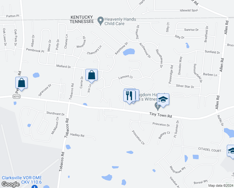 map of restaurants, bars, coffee shops, grocery stores, and more near 1218 Olive Branch Road in Clarksville