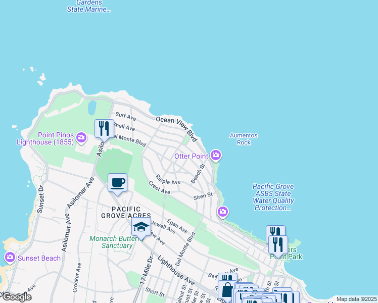 map of restaurants, bars, coffee shops, grocery stores, and more near 1037 Shell Avenue in Pacific Grove