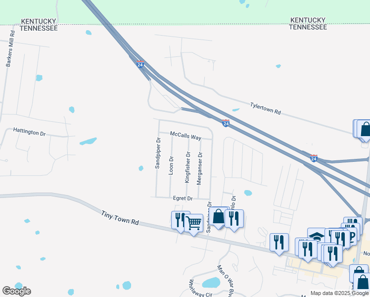 map of restaurants, bars, coffee shops, grocery stores, and more near 3456 Kingfisher Drive in Clarksville