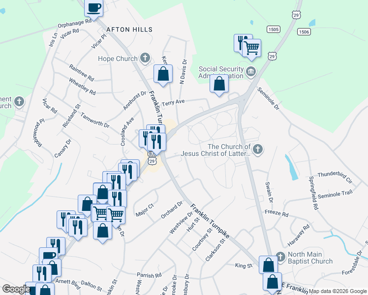 map of restaurants, bars, coffee shops, grocery stores, and more near 140 Wesley Drive in Danville