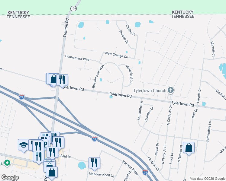 map of restaurants, bars, coffee shops, grocery stores, and more near 1035 Tylertown Road in Clarksville
