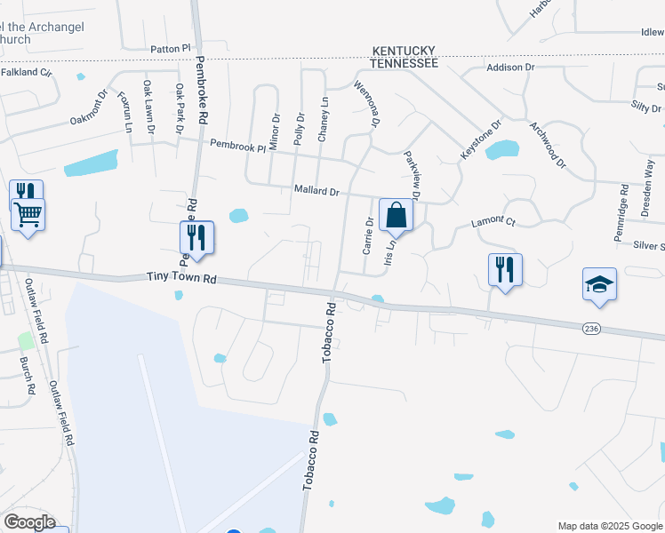 map of restaurants, bars, coffee shops, grocery stores, and more near 1106 Tobacco Road in Clarksville