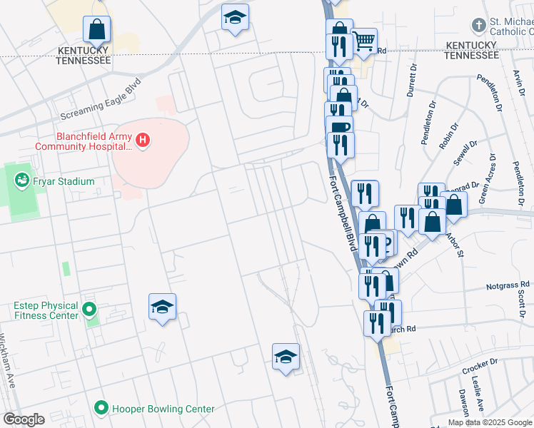 map of restaurants, bars, coffee shops, grocery stores, and more near 850 Georgia Avenue in Fort Campbell