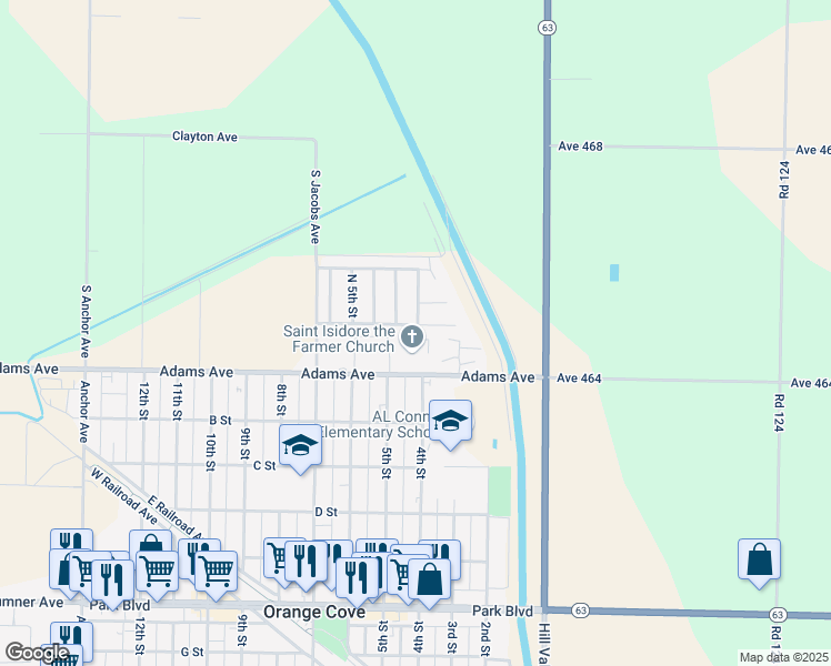 map of restaurants, bars, coffee shops, grocery stores, and more near 355 Gutierrez Street in Orange Cove
