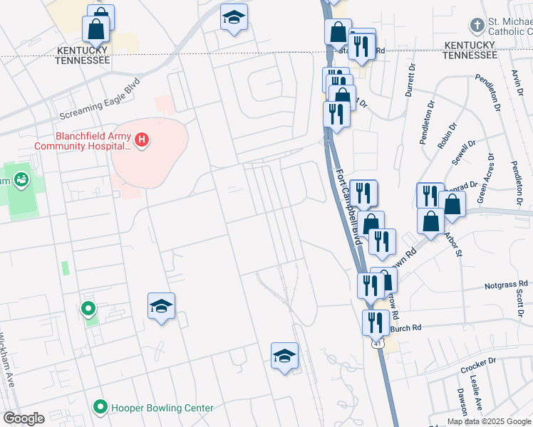 map of restaurants, bars, coffee shops, grocery stores, and more near 850 Georgia Avenue in Fort Campbell